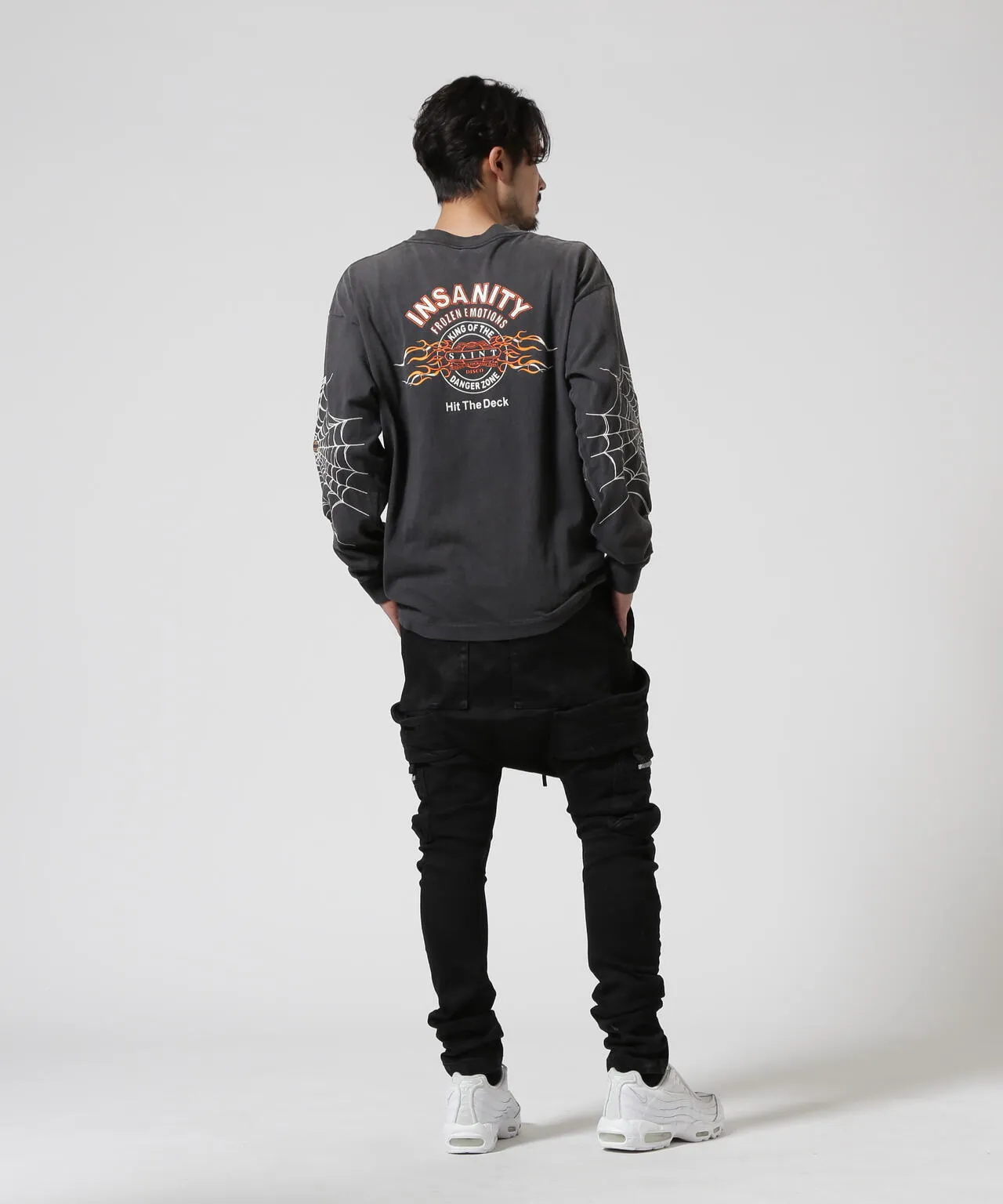 SAINT Mxxxxxx × TEFLON DISCO ML_LS TEE/INSANITY/BLK Spider Web INSANITY Distressed Long Sleeves Washed Black S-XL Ready-to-wear Assute dyeing Maliu water spray fading treatment Customized TEFLON DISCO co-branded accessories Hand-splashed ink Wormhole fraying treatment Authentic level printing process